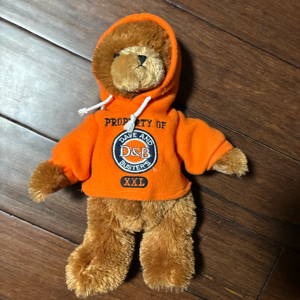 Property Of Dave & Busters D&B Teddy Bear Plush Orange Hoodie Stuffed Animal Toy